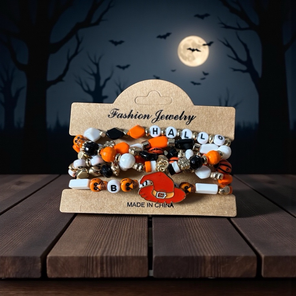Fashion Jewelry Halloween Bracelet Set - Orange, Black, White